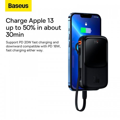 УМБ BASEUS Qpow Pro Digital Display Fast Charge Power Bank (With Lightning Cable) 10000mAh |USB/Type-C/Lightning, 20W/5A, PD/QC| black