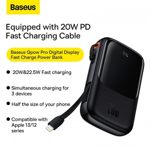 УМБ BASEUS Qpow Pro Digital Display Fast Charge Power Bank (With Lightning Cable) 10000mAh |USB/Type-C/Lightning, 20W/5A, PD/QC| black