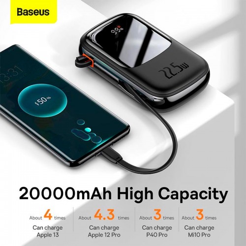 УМБ BASEUS Qpow Pro Digital Display Fast Charge Power Bank (With Type-C Cable) 20000mAh |USB/Type-C/Lightning, 22.5W/5A, PD/QC| black