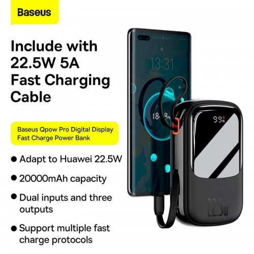 УМБ BASEUS Qpow Pro Digital Display Fast Charge Power Bank (With Type-C Cable) 20000mAh |USB/Type-C/Lightning, 22.5W/5A, PD/QC| black