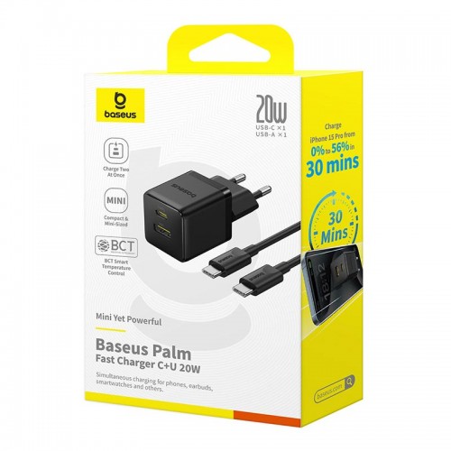 Адаптер мережевий BASEUS C to C cable Palm Fast Charger set |1USB/1Type-C, 20W/3A, PD/QC| black