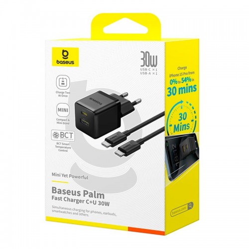 Адаптер мережевий BASEUS C to C cable Palm Fast Charger set |1USB/1Type-C, 30W/3A, PD/QC| black
