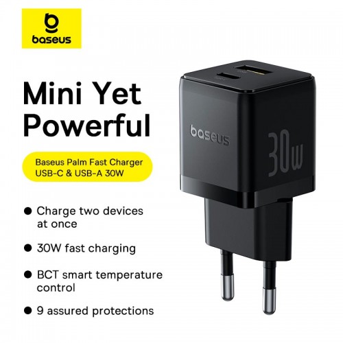 Адаптер мережевий BASEUS C to C cable Palm Fast Charger set |1USB/1Type-C, 30W/3A, PD/QC| black
