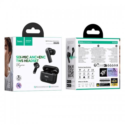Наушники HOCO Rhyme true wireless с шестью микрофонами, шумоподавление, BT-гарнитура EQ35 |BT5.4, ANC/ENC, приложение, 7/35 ч| чёрные