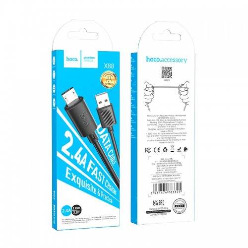 Кабель HOCO Micro USB Gratified для зарядки и передачи данных (в упаковке) X88 |1 м, 2,4 А| чёрный