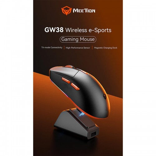 Миша MEETION Проводная + 2.4G + Bluetooth игровая мышь с зарядной базой GW38 | 6 кнопок, 8000 dpi, 30–60 ч, RGB | чёрная