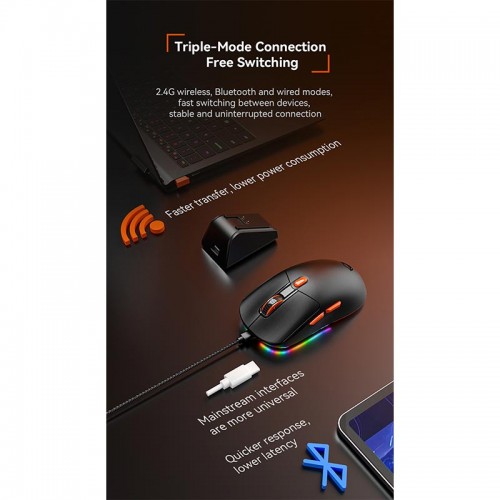 Миша MEETION Проводная + 2.4G + Bluetooth игровая мышь с зарядной базой GW38 | 6 кнопок, 8000 dpi, 30–60 ч, RGB | чёрная