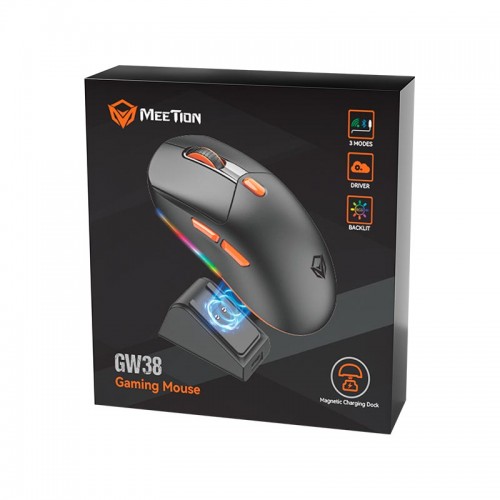 Миша MEETION Проводная + 2.4G + Bluetooth игровая мышь с зарядной базой GW38 | 6 кнопок, 8000 dpi, 30–60 ч, RGB | чёрная
