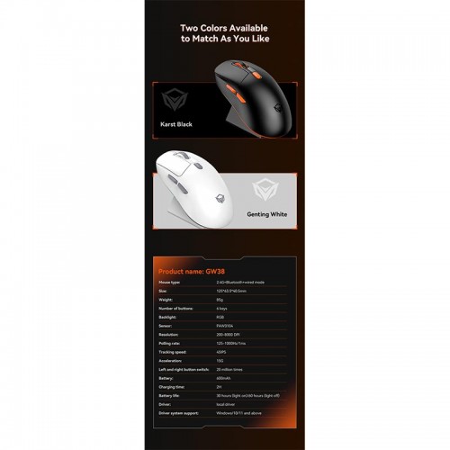 Миша MEETION Проводная + 2.4G + Bluetooth игровая мышь с зарядной базой GW38 | 6 кнопок, 8000 dpi, 30–60 ч, RGB | чёрная