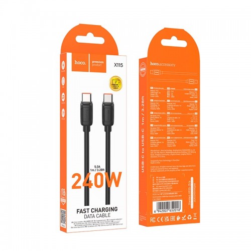 Кабель HOCO Type-C to Type-C Surpass fast charging data cable X115 |1m, 240W/5A|