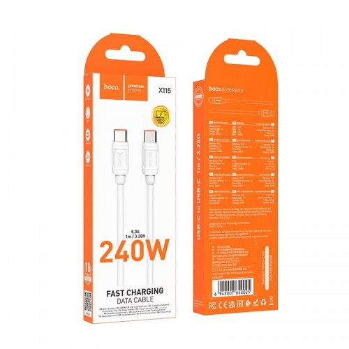 Кабель HOCO Type-C to Type-C Surpass fast charging data cable X115 |1m, 240W/5A|