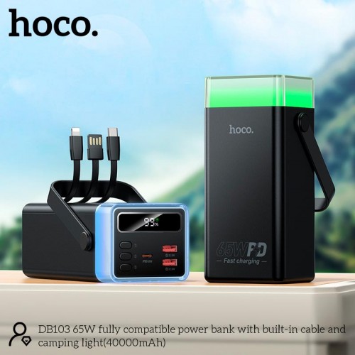 УМБ HOCO 65W fully compatible power bank with built-in cable and camping light DB103 40000mAh |2USB/1Type-C, PD/QC, 65W/3A| black