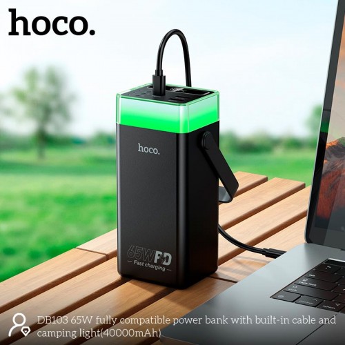 УМБ HOCO 65W fully compatible power bank with built-in cable and camping light DB103 40000mAh |2USB/1Type-C, PD/QC, 65W/3A| black