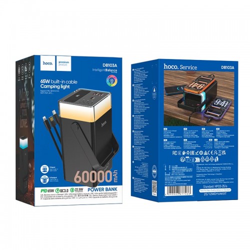 УМБ HOCO 65W fully compatible power bank with built-in cable and camping light DB103A 60000mAh |2USB/1Type-C, PD/QC, 65W/3A| black