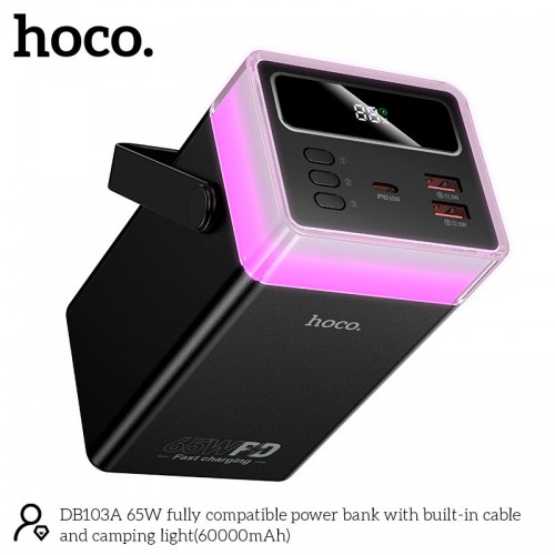 УМБ HOCO 65W fully compatible power bank with built-in cable and camping light DB103A 60000mAh |2USB/1Type-C, PD/QC, 65W/3A| black