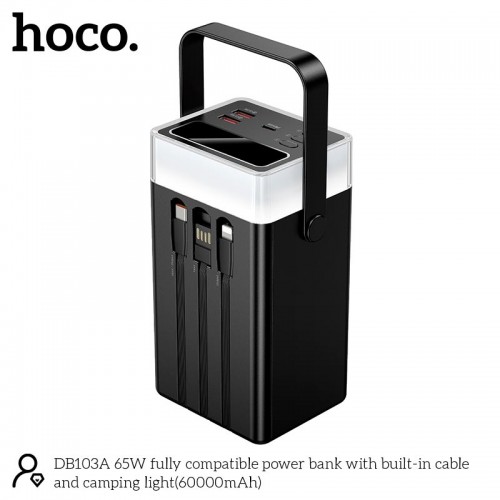УМБ HOCO 65W fully compatible power bank with built-in cable and camping light DB103A 60000mAh |2USB/1Type-C, PD/QC, 65W/3A| black