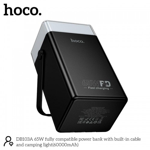 УМБ HOCO 65W fully compatible power bank with built-in cable and camping light DB103A 60000mAh |2USB/1Type-C, PD/QC, 65W/3A| black