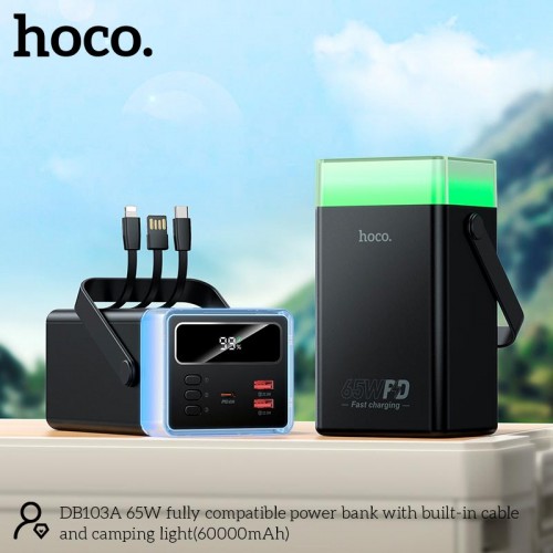 УМБ HOCO 65W fully compatible power bank with built-in cable and camping light DB103A 60000mAh |2USB/1Type-C, PD/QC, 65W/3A| black