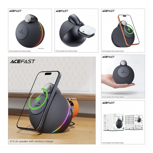 Акустика ACEFAST speaker with wireless charger K10 Air IPX4 |BT5.4, Qi2 25W, RGB, TWS|