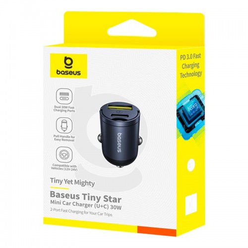 Адаптер автомобильный Baseus Tiny Star Mini Car Charger |1USB/1Type-C, 30W/3A, PD/QC|