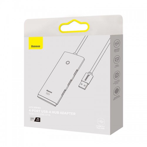 HUB адаптер Baseus Lite Series 4-Port USB-A HUB Adapter (USB-A to USB 3.0*4/1Type-C) |2m, 3A, 500MB/s| black