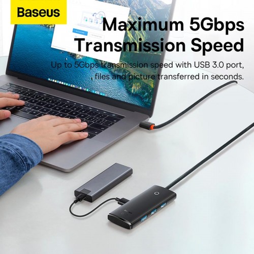 HUB адаптер Baseus Lite Series 4-Port USB-A HUB Adapter (USB-A to USB 3.0*4/1Type-C) |2m, 3A, 500MB/s| black