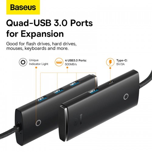 HUB адаптер Baseus Lite Series 4-Port USB-A HUB Adapter (USB-A to USB 3.0*4/1Type-C) |2m, 3A, 500MB/s| black