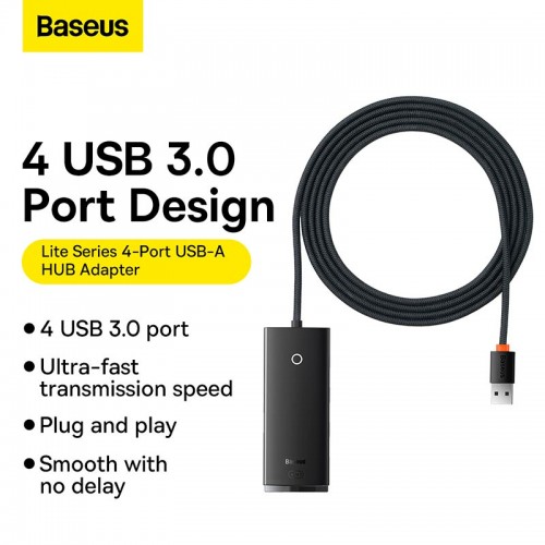 HUB адаптер Baseus Lite Series 4-Port USB-A HUB Adapter (USB-A to USB 3.0*4/1Type-C) |2m, 3A, 500MB/s| black