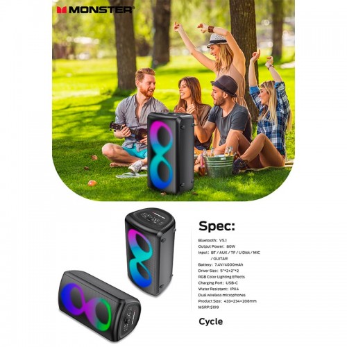 Портативная Bluetooth колонка Monster Cycle (с 2 микрофонами) M175 (MS22138) BT5.3 80/160W 4-8h 4000mAh black