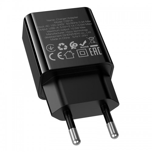 Мережевий зарядний пристрій Hoco Leader single-port charger CS91A |1USB, 10.5W/2.1A| black