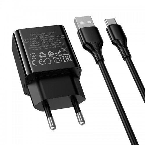 Мережевий зарядний пристрій Hoco Type-C cable Leader single-port charger set CS91A |1USB, 10.5W/2.1A| black