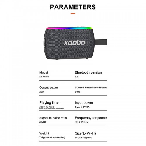 Портативна Bluetooth колонка Xdobo X8 Mini II IPX6 |BT5.3, 30W, USB/AUX/TF, 13h| black