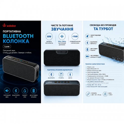 Портативна Bluetooth колонка Xdobo Luxe IPX5 |BT5.3, 60W, AUX/TF, 8h| black