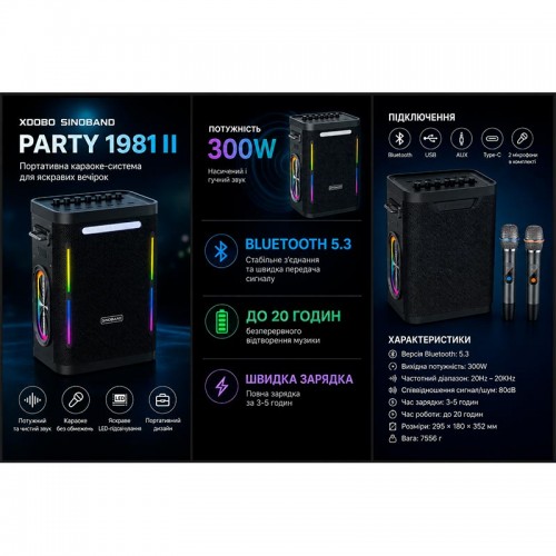 Портативна Bluetooth колонка Xdobo Party 1981 II (з 2 мікрофонами) |BT5.3, 300W, AUX/TF/USB, 65W/5A input power, 20h| black