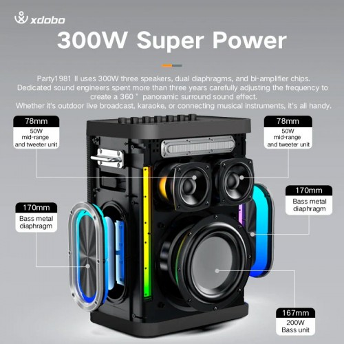 Портативна Bluetooth колонка Xdobo Party 1981 II (з 2 мікрофонами) |BT5.3, 300W, AUX/TF/USB, 65W/5A input power, 20h| black