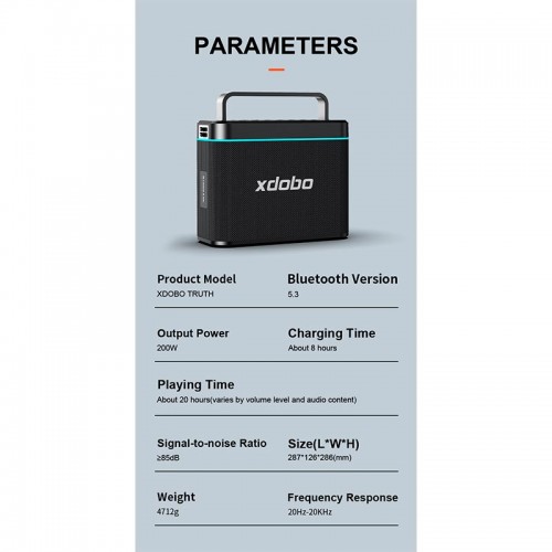 Портативна Bluetooth колонка Xdobo Truth (з 2 мікрофонами) IPX6 |BT5.3, 200W, AUX/USB/TF, 12h| black