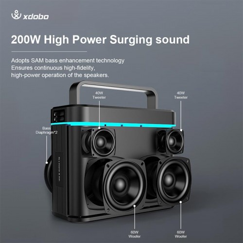 Портативна Bluetooth колонка Xdobo Truth (з 2 мікрофонами) IPX6 |BT5.3, 200W, AUX/USB/TF, 12h| black