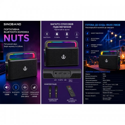 Портативна Bluetooth колонка Xdobo Nuts (з 2 мікрофонами) |BT5.3, 120W, USB/AUX/TF, 20h| black