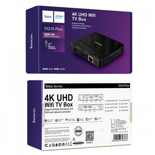 Android TV приставка Hoco Navio WiFi HD TV box DQ10 4GB+32GB,CortexTM-A53, WiFi 2.4g/5g, 4K/60FPS black