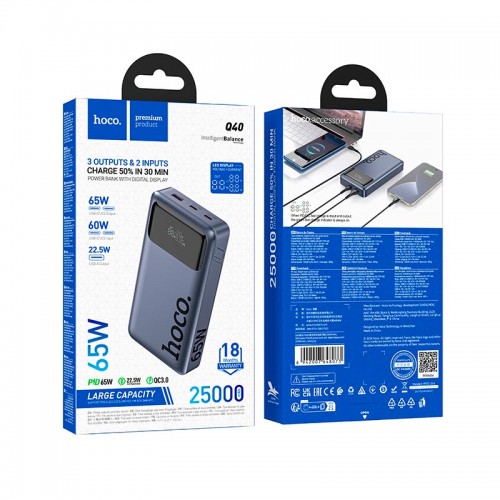 Повербанк для ноутбука 65W Hoco Q40 25000mAh digital display dark 1USB/2Type-C, PD/QC 3A grey