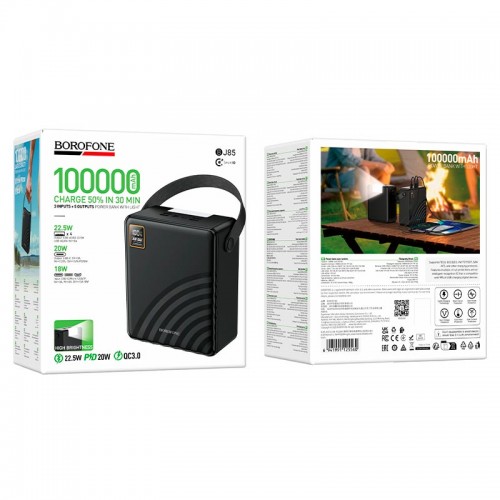 Повербанк 100000mAh Borofone Myriad BJ85 з ліхтариком 4USB/2Type-C/Lightning, 22.5W/3A, PD/QC black
