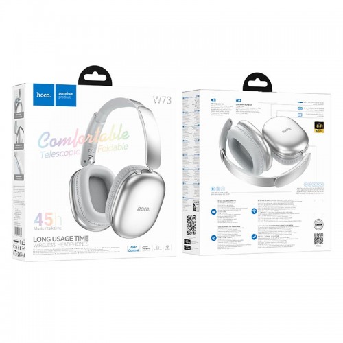 Бездротові Bluetooth навушники накладні Hoco Graceful W73 BT6.0, TF/AUX, 45h, App silver
