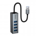 USB Хаб Перехідник Hoco 4-в-1 конвертер (USB to USB3.0*4) HB1B 0.2м, 5Гбіт/с metal grey