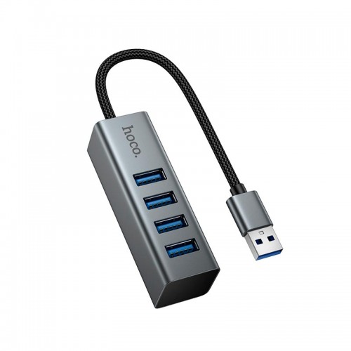 USB Хаб Перехідник Hoco 4-в-1 конвертер (USB to USB3.0*4) HB1B 0.2м, 5Гбіт/с metal grey