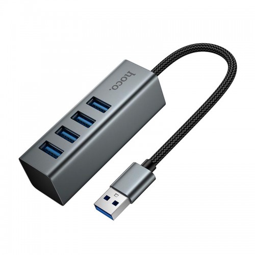 USB Хаб Перехідник Hoco 4-в-1 конвертер (USB to USB3.0*4) HB1B 0.2м, 5Гбіт/с metal grey