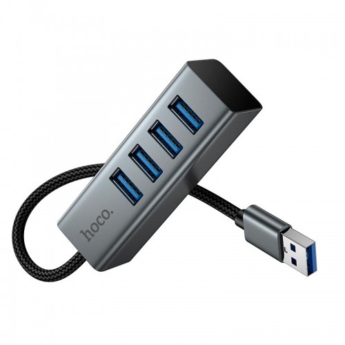 USB Хаб Перехідник Hoco 4-в-1 конвертер (USB to USB3.0*4) HB1B 0.2м, 5Гбіт/с metal grey
