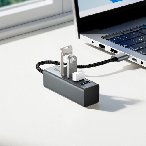 USB Хаб Перехідник Hoco 4-в-1 конвертер (USB to USB3.0*4) HB1B 0.2м, 5Гбіт/с metal grey