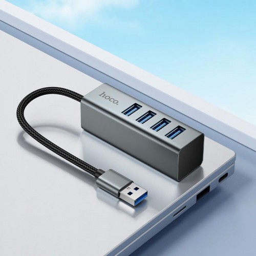 USB Хаб Перехідник Hoco 4-в-1 конвертер (USB to USB3.0*4) HB1B 0.2м, 5Гбіт/с metal grey