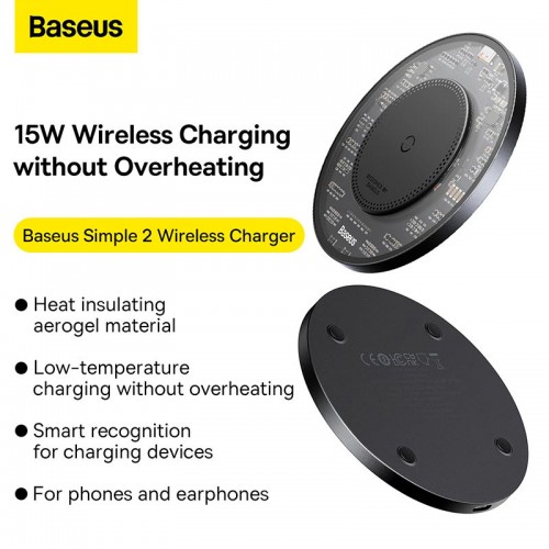 Бездротова зарядка Qi Baseus Simple 2 Wireless Charger 15W Cluster Black (Cable Type-C To Type-C 24W 12V/2A 1m) black
