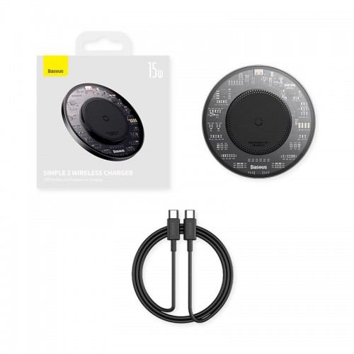 Бездротова зарядка Qi Baseus Simple 2 Wireless Charger 15W Cluster Black (Cable Type-C To Type-C 24W 12V/2A 1m) black